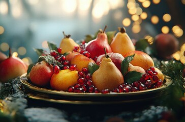 Winter fruit platter featuring persimmons, pears, and pomegranates,