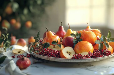 Winter fruit platter featuring persimmons, pears, and pomegranates