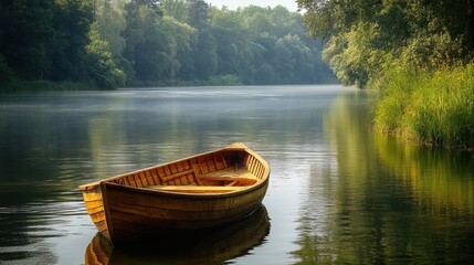 Obraz premium A wooden boat floating on a serene river, summer fishing retreat 