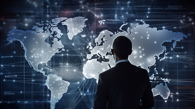 A man in a suit looking at a world map with glowing connections and data visualizations on a screen