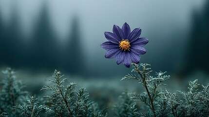 Solitary purple flower amidst a field of frosted greenery.