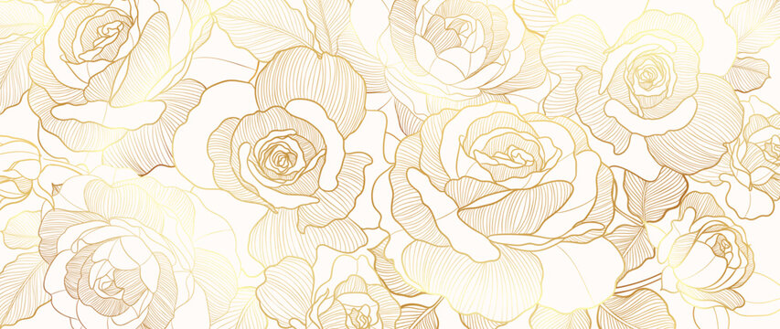 Luxury golden rose flower line art background vector. Natural botanical elegant flower with gold line art. Design illustration for decoration, wall decor, wallpaper, cover, banner, poster, card.