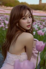 Woman Among Pink Tulips in a Serene Floral Landscape Setting