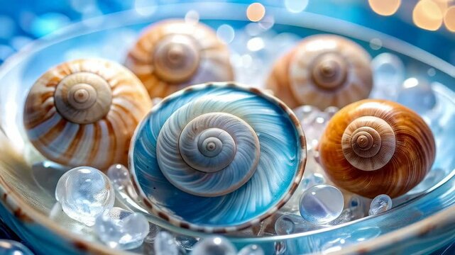 Elegant spiral seashells with blue and brown patterns arranged in a translucent glass bowl filled with small clear glass beads against a blue background.