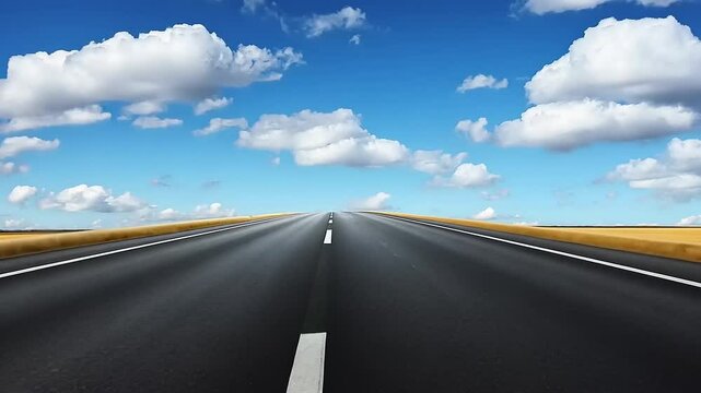 Scenic highway stretching into the horizon under a blue sky with fluffy clouds, ideal for travel imagery