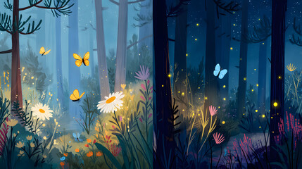 storybook cartoon illustration of a forest