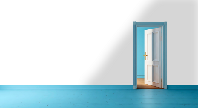 Empty minimalistic room with wooden door slightly ajar revealing interior details isolated on a white or transparent background