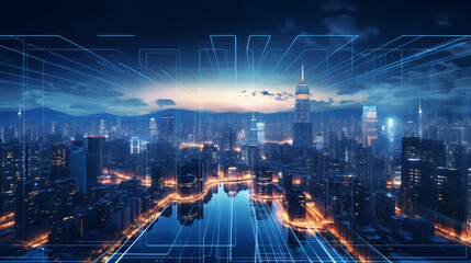 Cityscape with glowing lines overlayed on buildings at night with a cloudy sky in the background