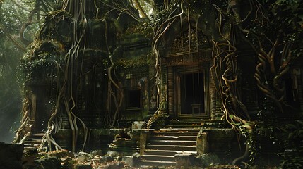 A hidden temple overgrown by jungle vegetation and roots

