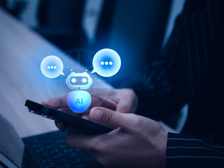 AI chatbot technology concept. Smart conversation assistant, robot with speech bubble on global network symbol virtual hologram, chat GPT app on mobile phone screen holding business woman hands.