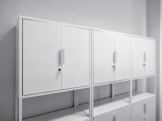 Three white steel workstation swing door office cabinets with locks and stack shelves, furniture in...