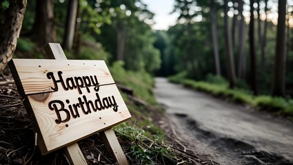 Happy Birthday Trail: A rustic wooden sign proclaiming "Happy Birthday" stands amidst a scenic nature path, blending celebration with the tranquility of the outdoors. A perfect visual message.