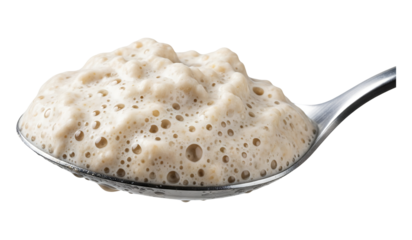 Activated yeast on spoon for baking dough and bread recipes ingredient preparation for cooking food on transparent background