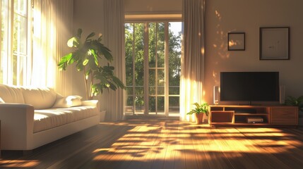 Fototapeta premium Sunlit living room with hardwood floors and patio view