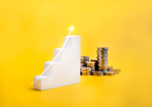 Rise up arrow on white geometric bar graph chart steps near money coins piles on yellow background. Business growth, investment financial, profit savings, inflation, economic improvement concepts.