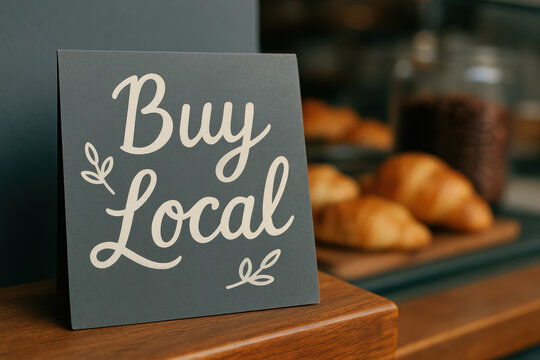 Support small businesses with a buy local sign in a cozy bakery setting, fresh pastries and bread in the background