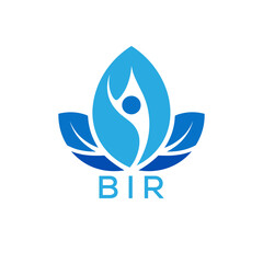 Modern Wellness Leaf Logo Design with Human Figure and BIR Letters in Blue Gradient.
