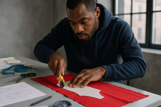 focused fashion designer cutting fabric with rotary cutter on worktable surrounded by sewing tools, creating precise garment pattern - Powered by Adobe