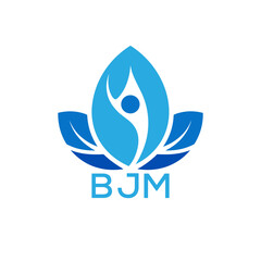 Modern Wellness Leaf Logo Design with Human Figure and BJM Letters in Blue Gradient.
