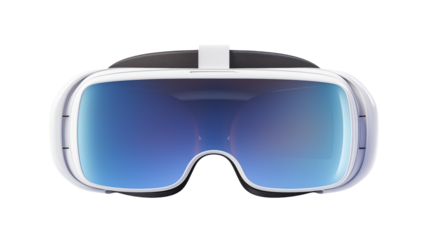 Sleek White Virtual Reality Headset with Blue Lenses for Immersive Experiences Isolated on  transparent background.	