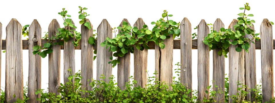 Timeworn wooden fence with thriving green plants isolated on a white or transparent background