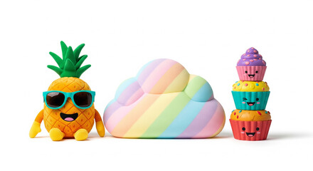 Cute Pineapple, Rainbow Cloud, and Cupcake Stack
