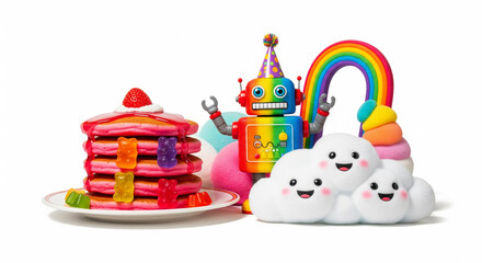Happy Robot with Pancakes, Rainbow, and Clouds