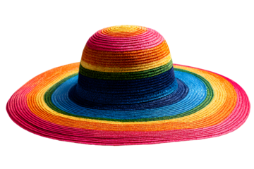 Colorful woven rainbow sun hat with wide brim for summer fashion isolated on transparent background