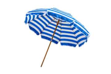Striped beach umbrella with wooden pole isolated on transparent background