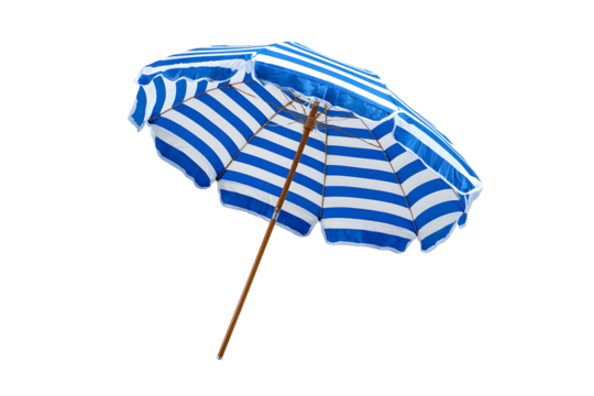 Striped beach umbrella with wooden pole isolated on transparent background