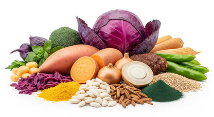 Various kind of vegetable and nuts on white backgorund