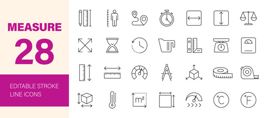 Measure icon set. Containing scale, ruler, size, length, width, height, distance, dimension, temperature, gauge, speed, time, weight and more. Editable line icons. Vector illustration.