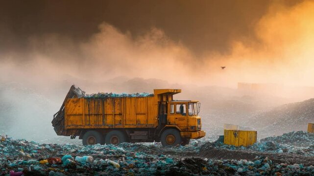Garbage Truck at the landfill: A yellow trash truck stands near huge piles of garbage at a landfill, emitting smog and pollution against a gloomy sky.