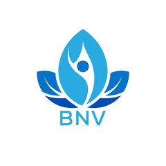 Modern Wellness Leaf Logo Design with Human Figure and BNV Letters in Blue Gradient.

