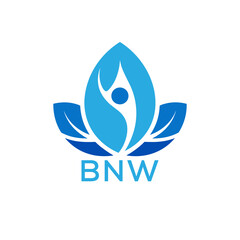 Modern Wellness Leaf Logo Design with Human Figure and BNW Letters in Blue Gradient.
