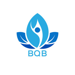 Modern Wellness Leaf Logo Design with Human Figure and BQB Letters in Blue Gradient.
