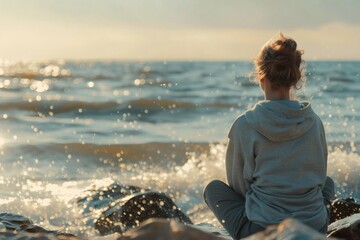 A person gazing at the waves on the rocks