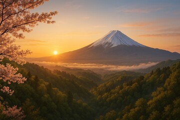日の出と富士山と桜