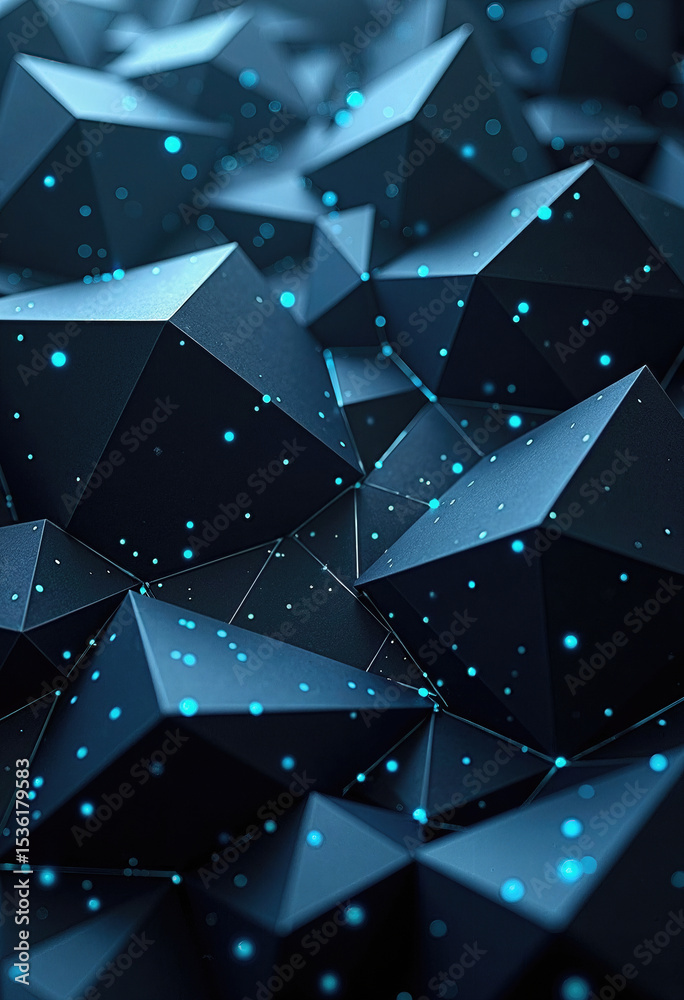 Fototapete A dark, abstract landscape of geometric polygons and glowing blue particles, visualizing concepts of technology, data networks, and futuristic digital structures.
