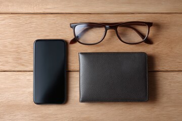 Flat lay of business accessories including glasses, smartphone, wallet, and watch on wooden desk