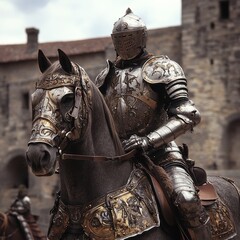 Naklejka premium Horse Armor. Medieval Knight in Full Armor Riding a Warhorse