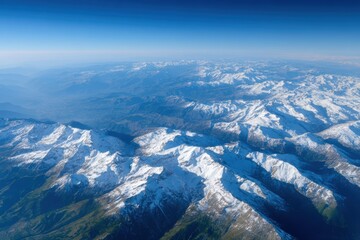 Aerial photo of mountain ranges with snow-capped peaks, earth science and geography