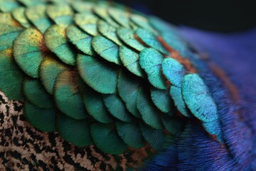 Close-up of colorful peacock feather showing iridescent scales