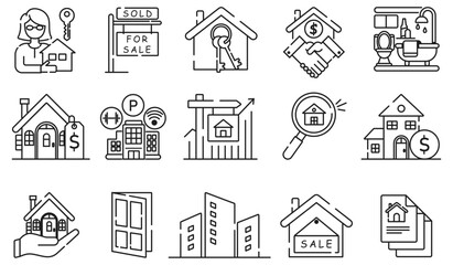 Real estate linear icon. Real estate icon set with various house and building icons. Ideal for real estate websites, property listings, and architectural designs.