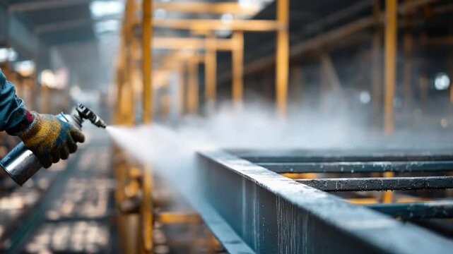 Industrial Precision: A skilled craftsman meticulously applies a protective coating to a metal framework, employing precision techniques and advanced tools.