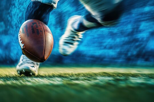 Kick American Football. Low Angle View of Athletic Action in Blue Tones