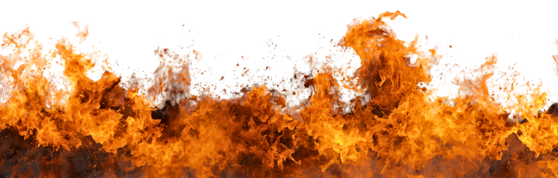 Horizontal fiery flames texture with dynamic burning colors isolated on a white or transparent background