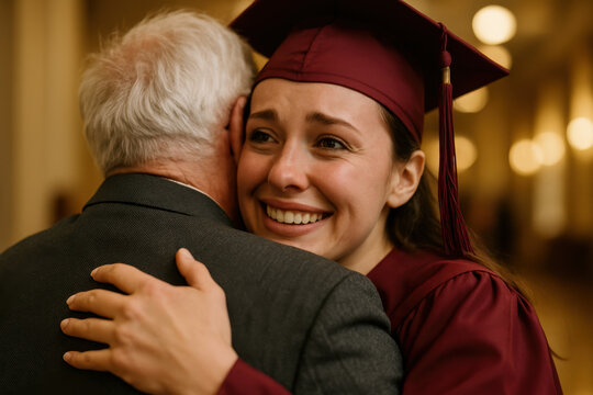Joyful young graduate in maroon cap and gown embracing older man during emotional celebration indoors