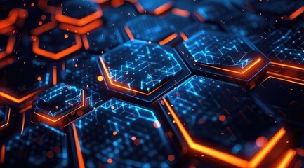 Abstract futuristic background with hexagon shapes and glowing elements on dark blue, orange color background.