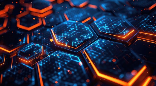 Abstract futuristic background with hexagon shapes and glowing elements on dark blue, orange color background.
